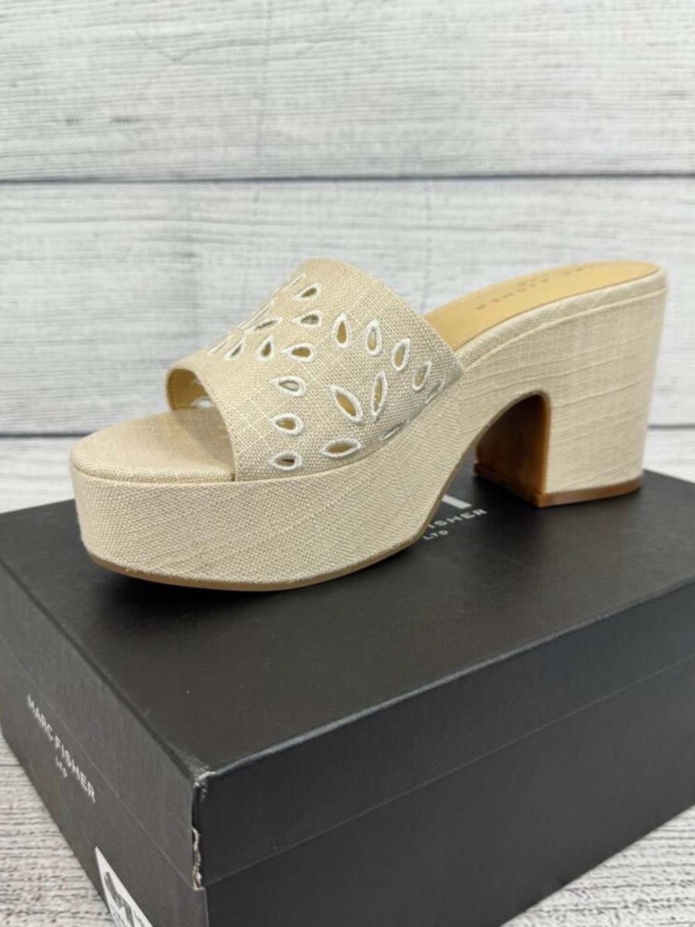 Marc Fisher Natural Eyelet Beige Platform Block Heel Slide Sandal - Women